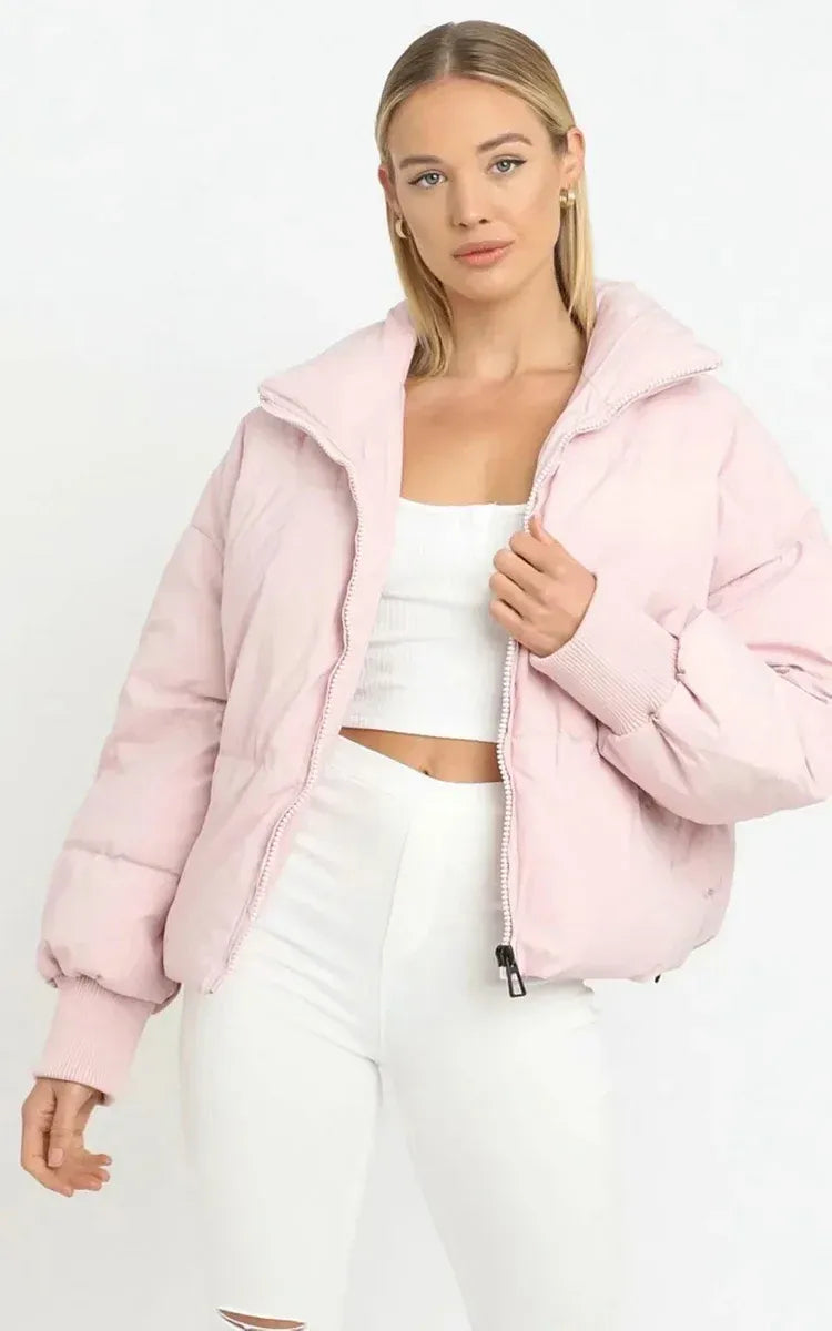 Street Wave Oversized Short Puffer Jacket With Full Zip Front For Women Cozy Streetwear