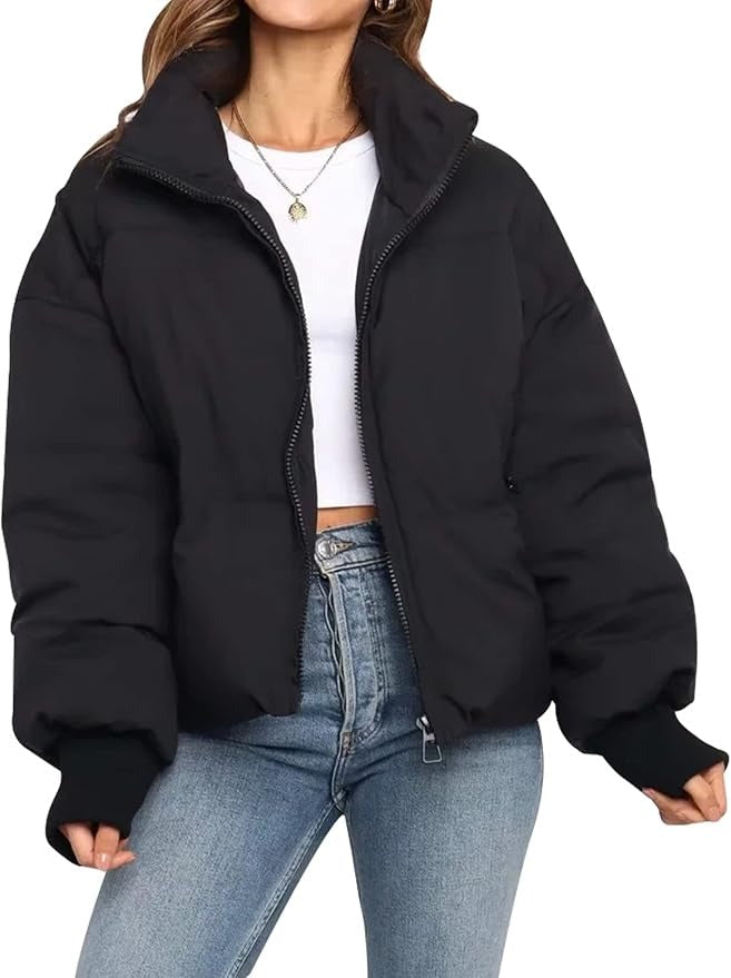 Street Wave Oversized Short Puffer Jacket With Full Zip Front For Women Cozy Streetwear