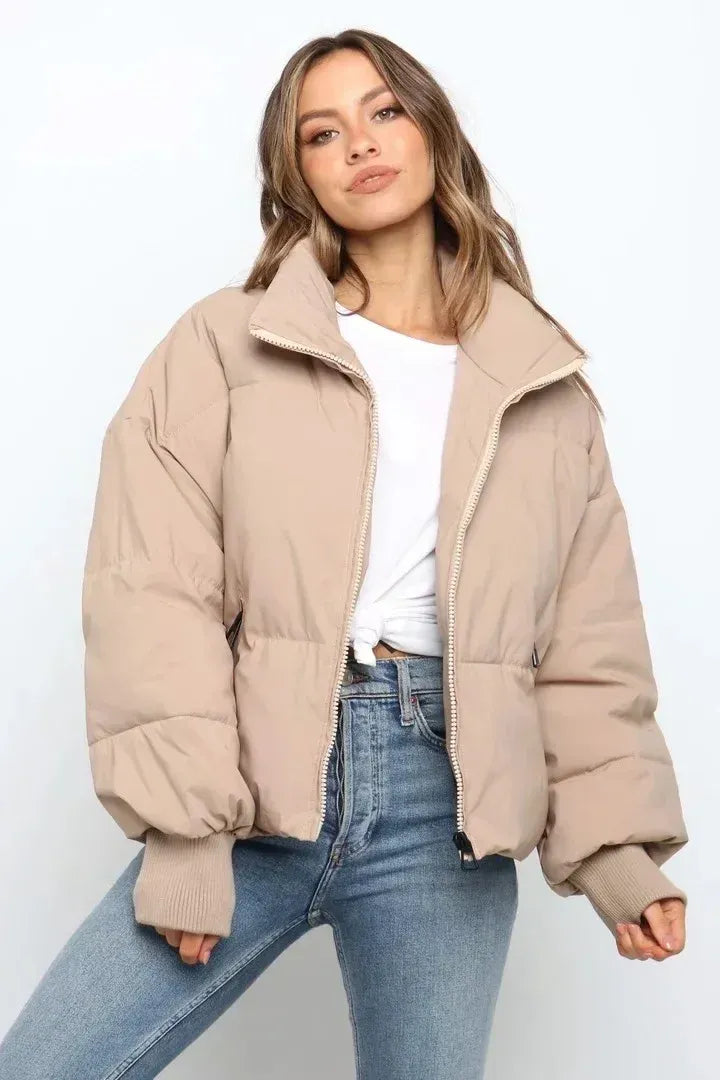 Street Wave Oversized Short Puffer Jacket With Full Zip Front For Women Cozy Streetwear
