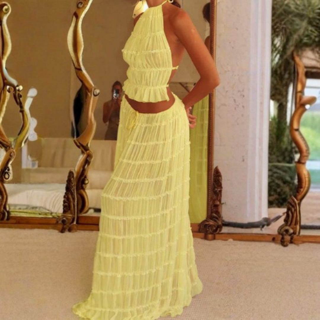 Women's Two-Piece Set with Halter Neckline and Maxi Skirt