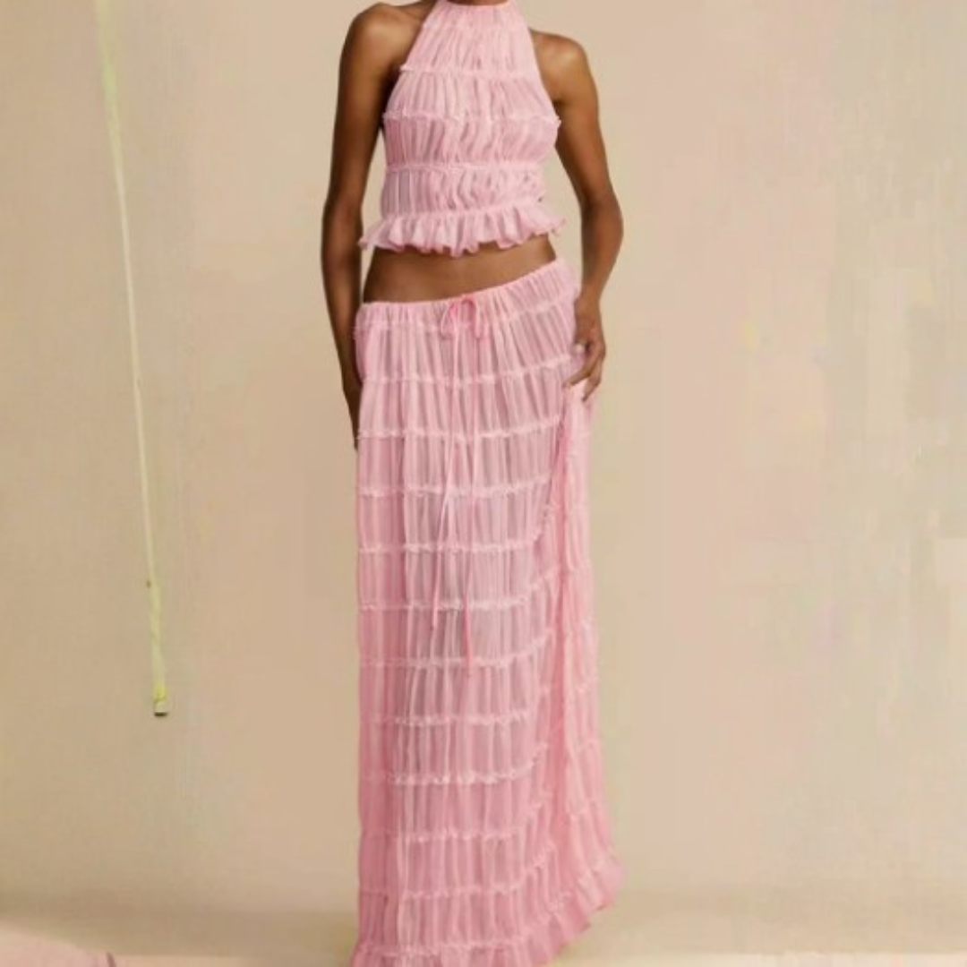 Women's Two-Piece Set with Halter Neckline and Maxi Skirt