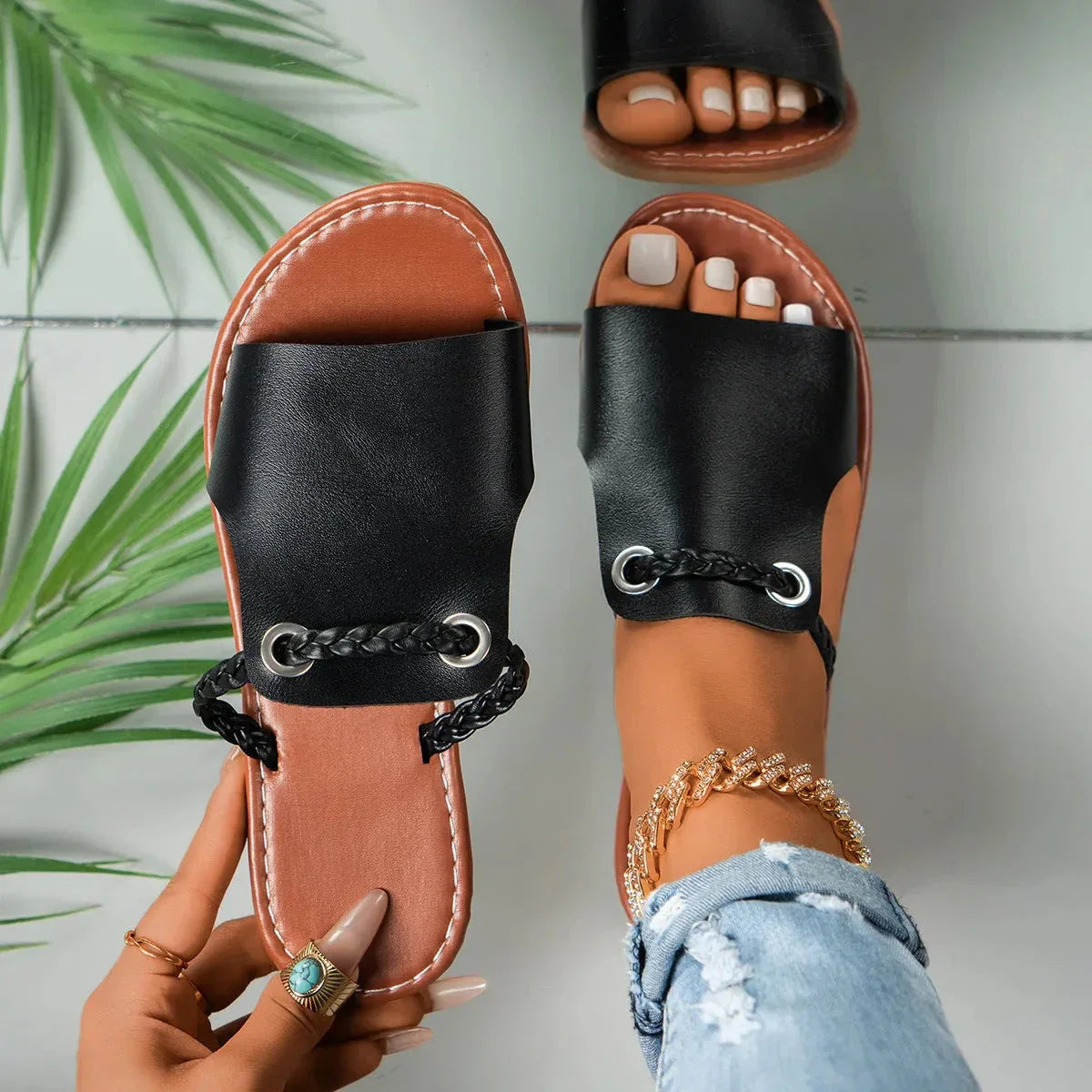 Capri Braided Strap Slip On Sandals By Waylynn For Travel And Beach Days