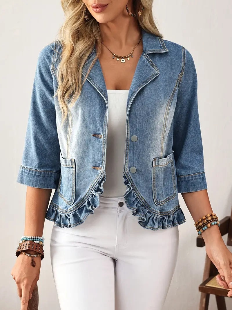 Street-wave Denim Blazer For Women With Ruffle Hem And Light Wash Finish Chic Everyday Jacket
