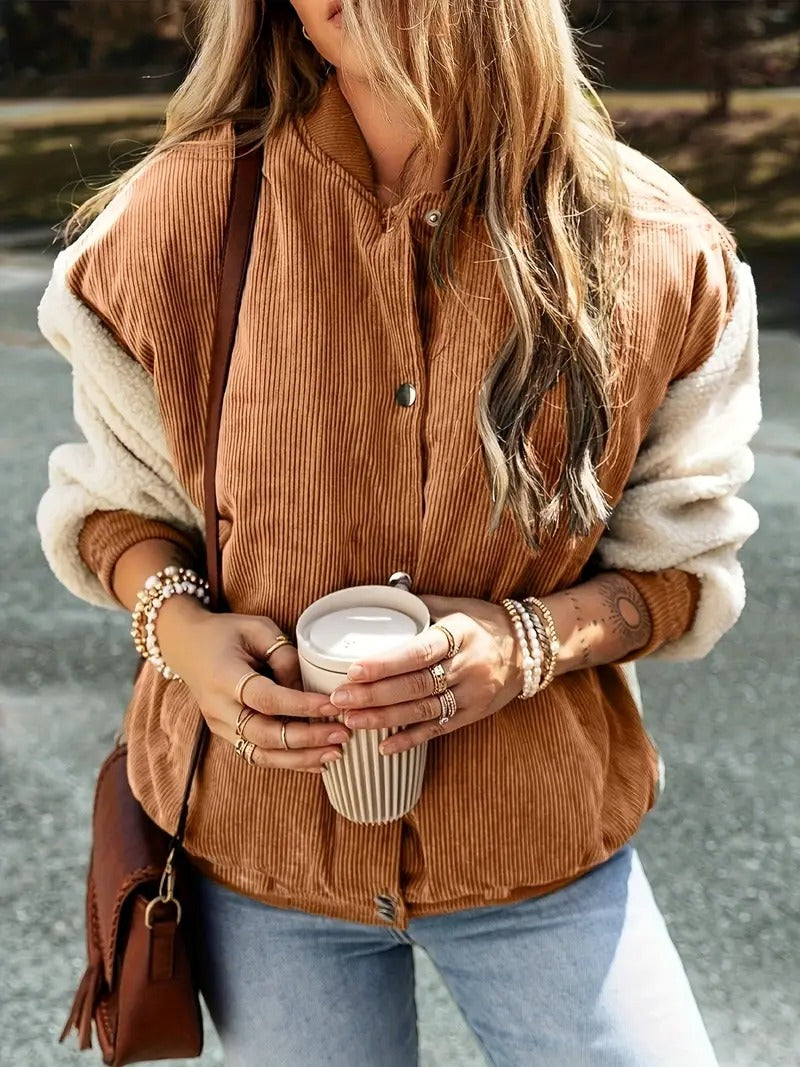 Street-Wave Corduroy Sherpa Bomber Jacket For Women, Cozy Warmth, Textured Fall Layering