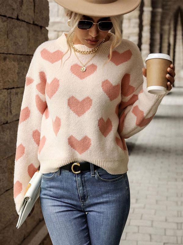 Street-wave Heart Print Knit Pullover For Women Cozy Fall Casual Sweater Soft Knit Comfort