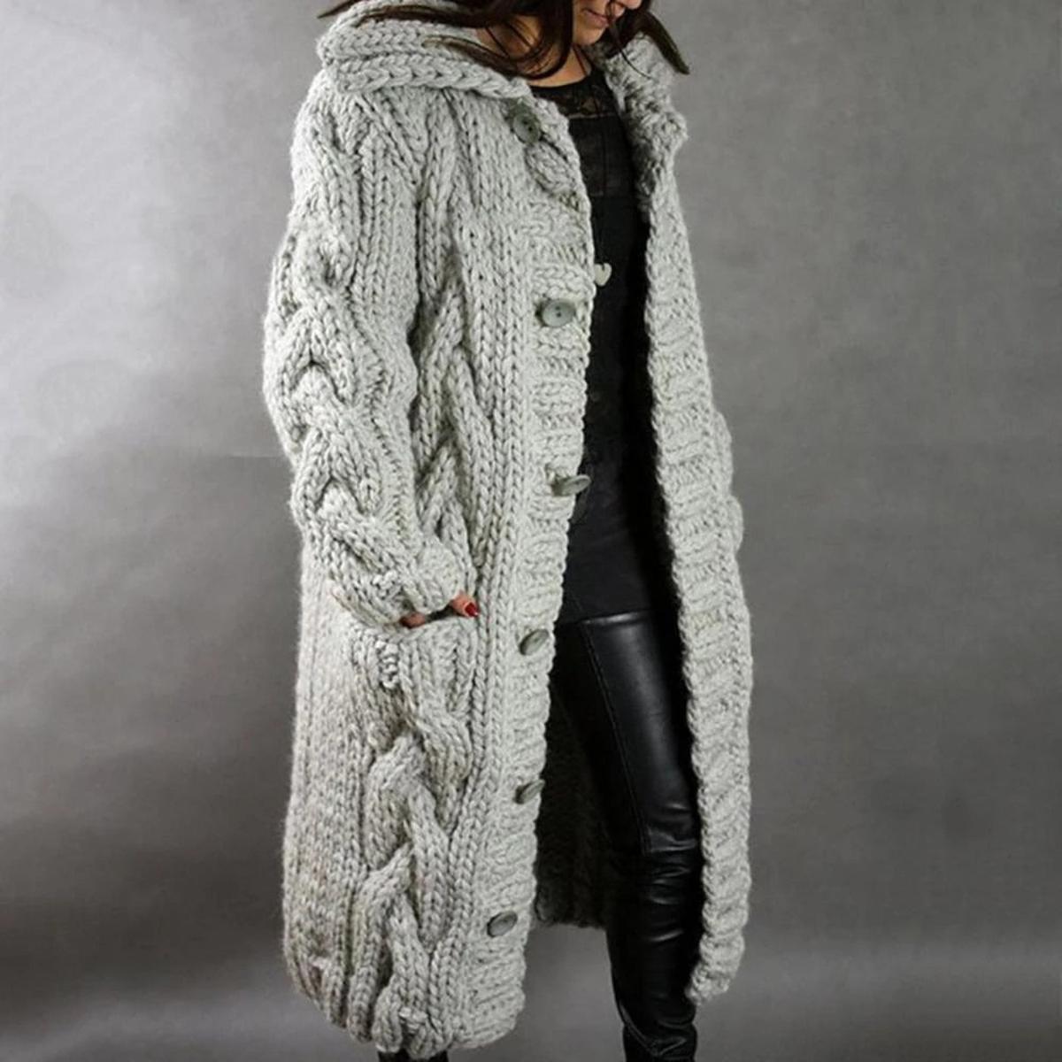 Street Wave Knit Coat For Women, Cozy Longline Cable Knit With Pockets And Front Button Closure