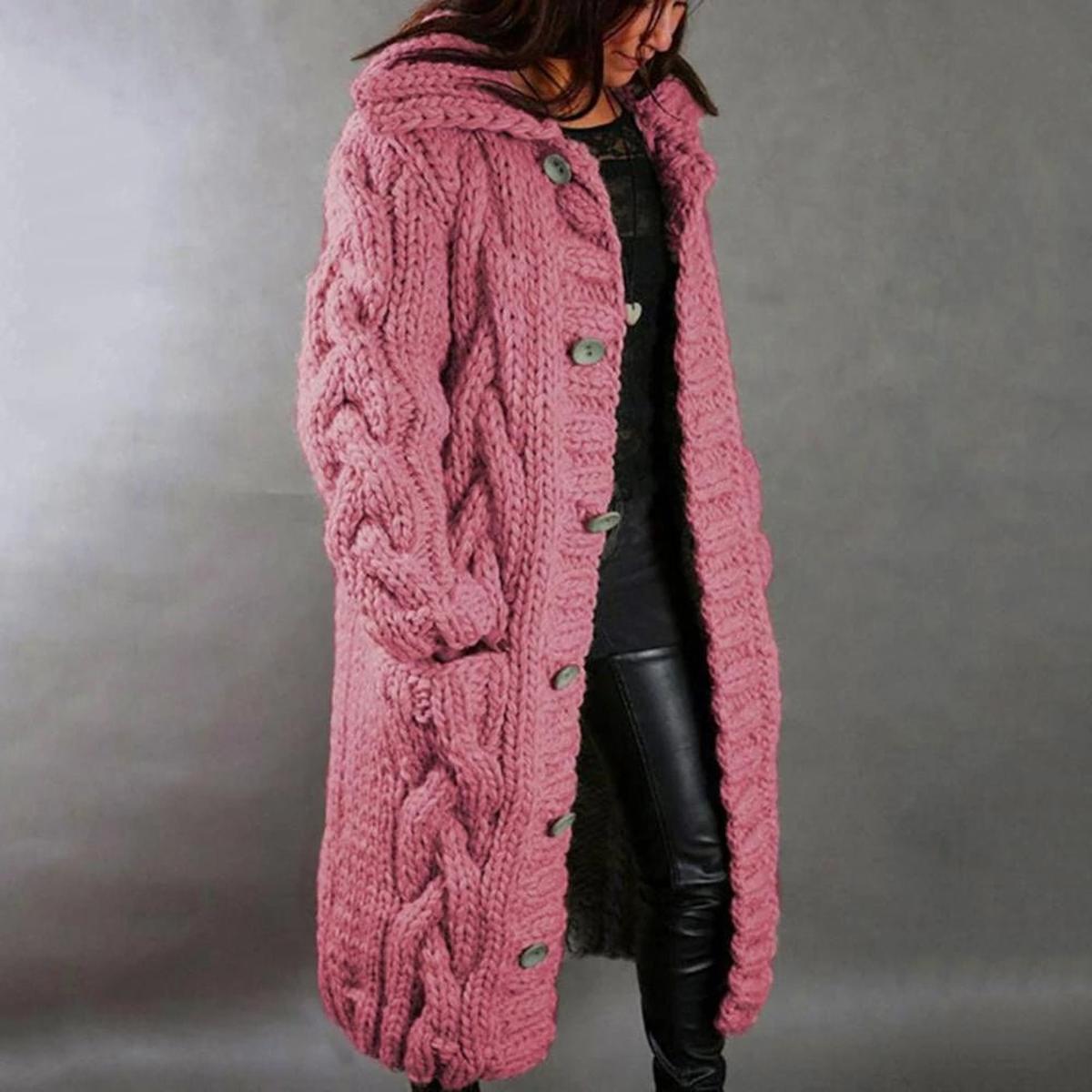 Street Wave Knit Coat For Women, Cozy Longline Cable Knit With Pockets And Front Button Closure