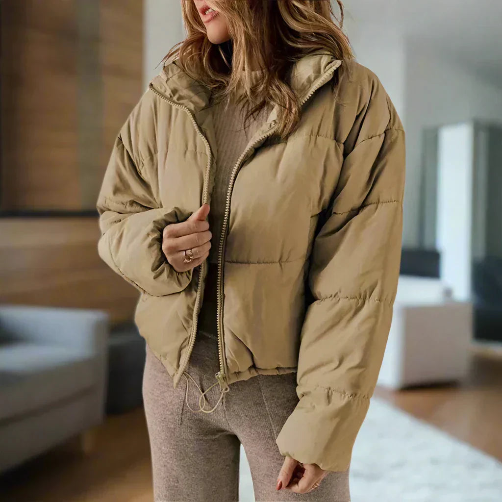 Street-Wave Short Puffer Jacket With High Collar Zipper Adjustable Fit For Women