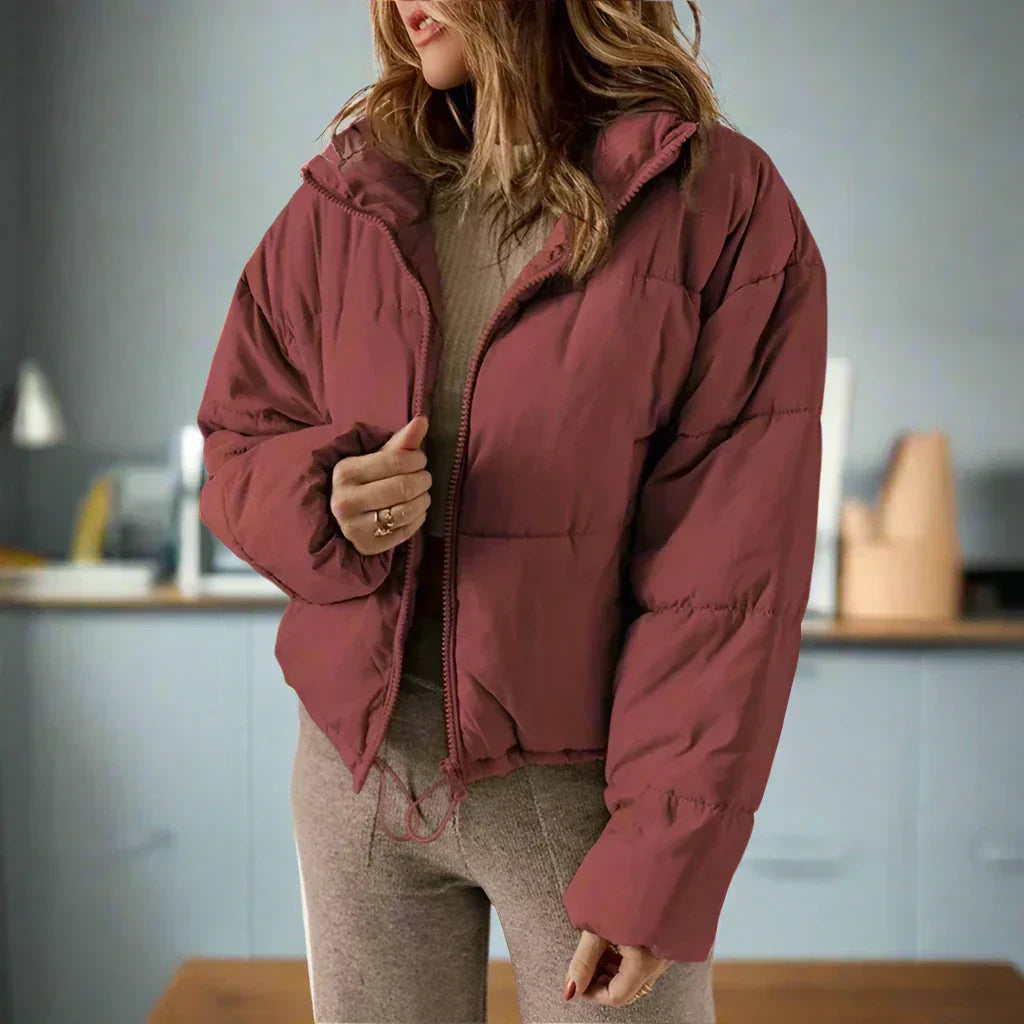 Street-Wave Short Puffer Jacket With High Collar Zipper Adjustable Fit For Women