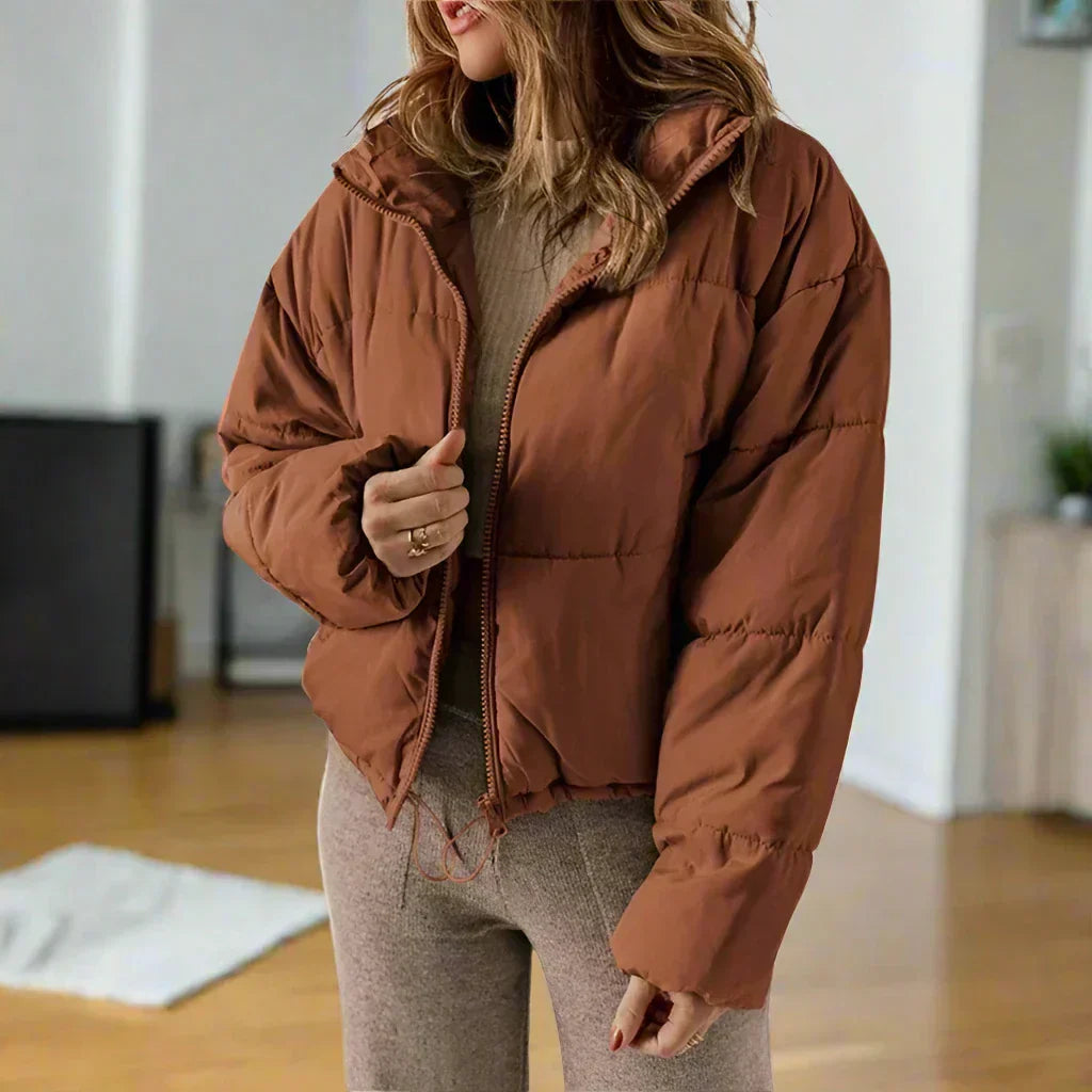 Street-Wave Short Puffer Jacket With High Collar Zipper Adjustable Fit For Women