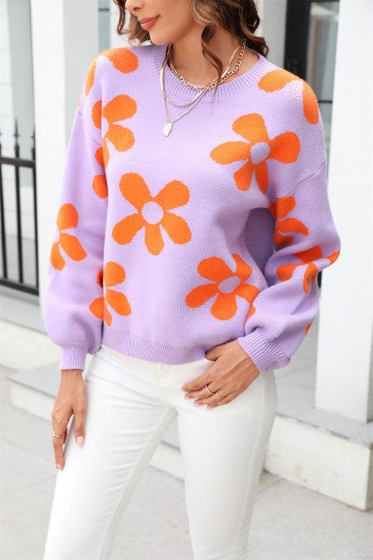Street Wave Floral Pullover For Women Cozy Loose Fit Round Neck Sweater For Fall