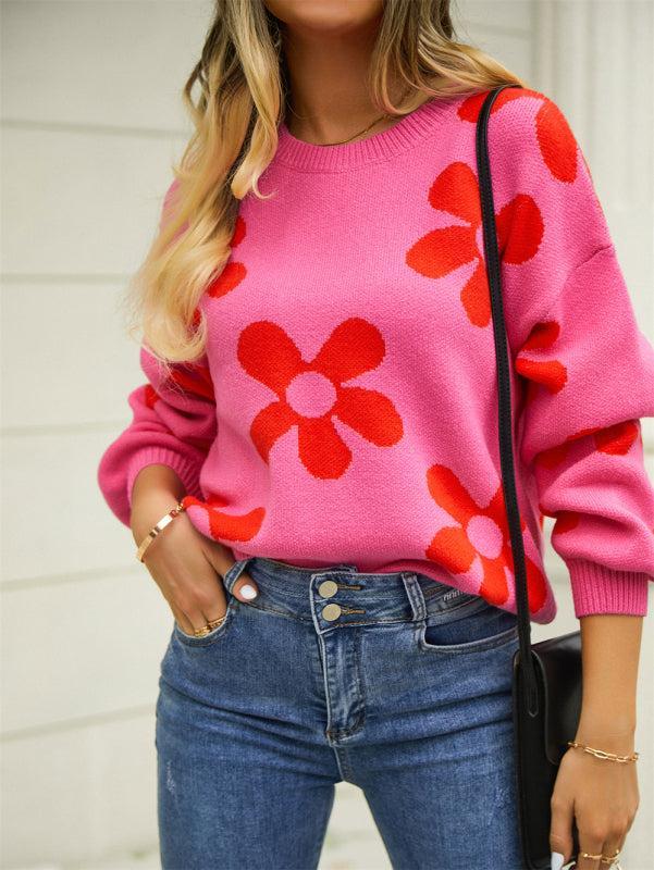 Street Wave Floral Pullover For Women Cozy Loose Fit Round Neck Sweater For Fall
