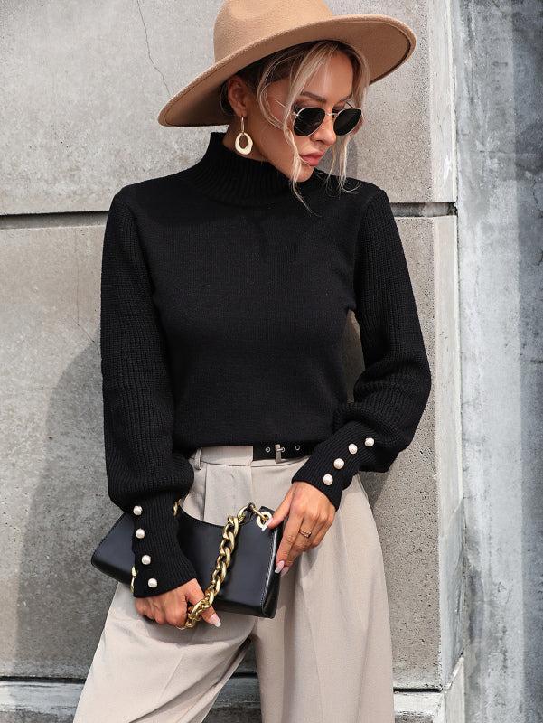 Street-Wave Women Rollneck Knit Sweater With Pearl Embellished Sleeves Cozy Autumn Fashion