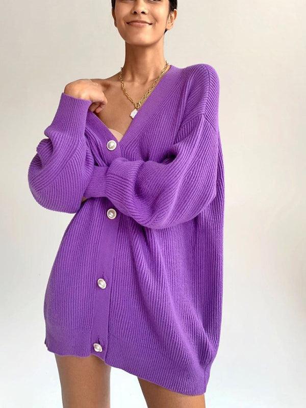 Street Wave Plus Size Cardigan For Women Oversized Ribbed Knit Button Cardigan In Lilac Shade