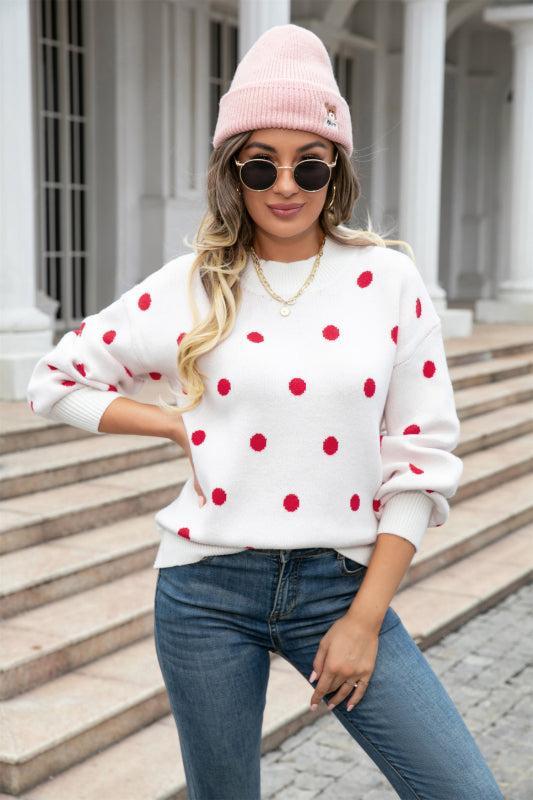 Streetwave Women Red Polka Dot Knit Sweater Winter Warmth Cozy Pullover For Playful Style