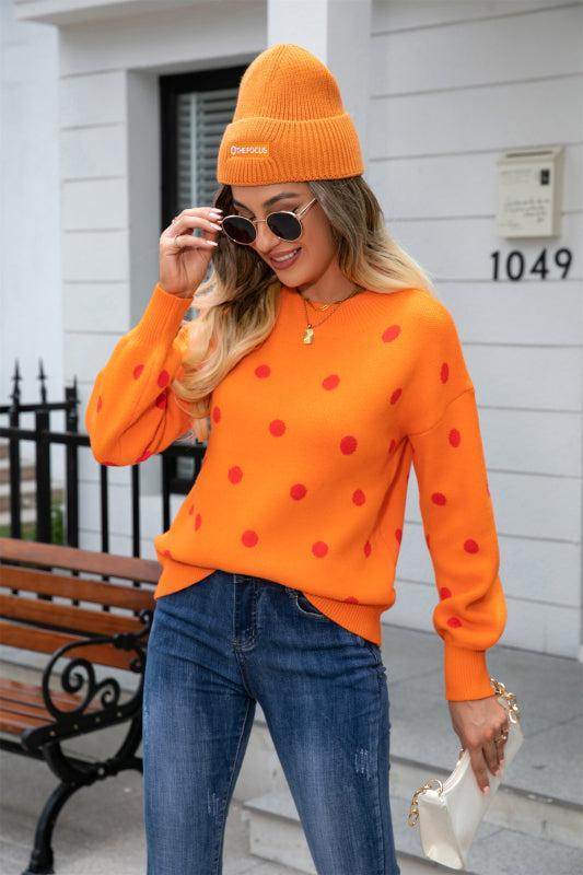 Streetwave Women Red Polka Dot Knit Sweater Winter Warmth Cozy Pullover For Playful Style