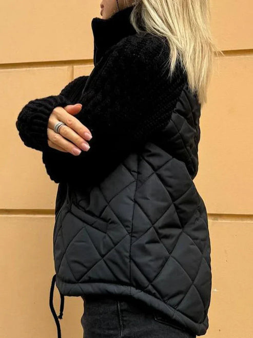 Street-wave Quilted Jacket With Textured Knit Sleeves Front Zip And Funnel Neck For Women Cozy Modern Outerwear