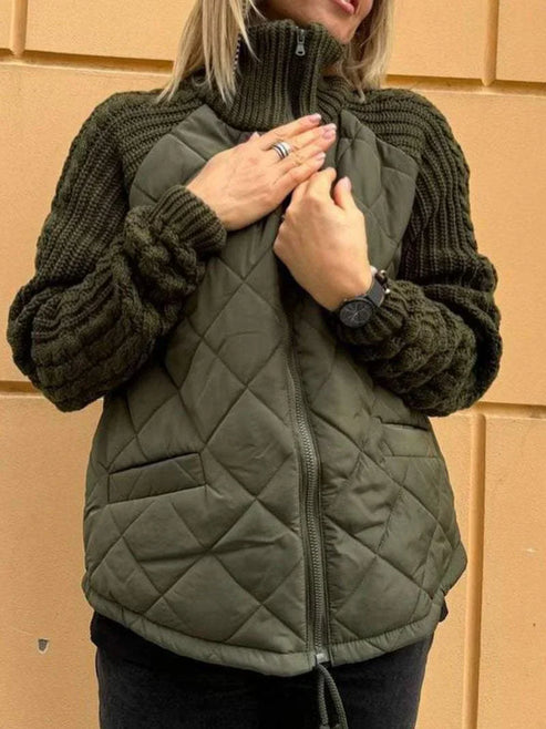 Street-wave Quilted Jacket With Textured Knit Sleeves Front Zip And Funnel Neck For Women Cozy Modern Outerwear