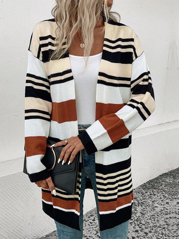 Street-Wave Striped Color-Block Cardigan For Women Mid-Length Layering Knit Autumn Chic