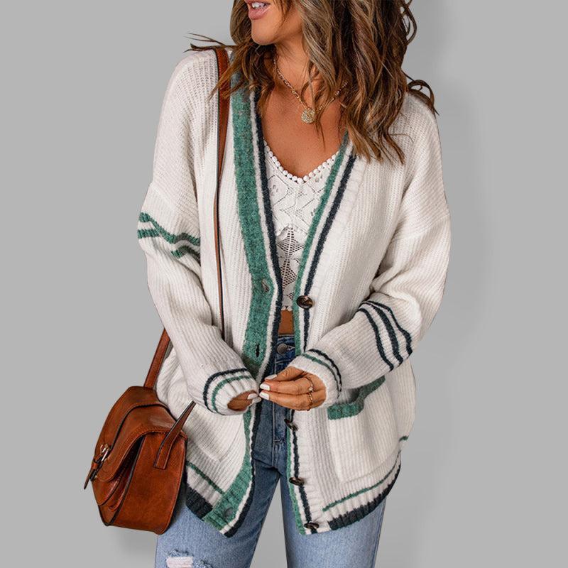 Street-wave Cardigan For Women Cozy Versatile Cable Knit With V Neck And Pockets Striped Detail