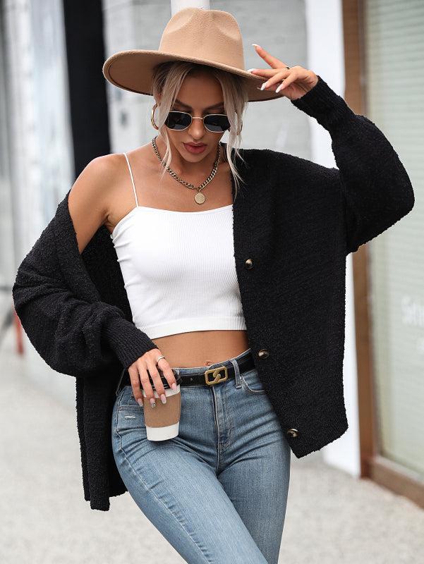 Street-wave Women Cardigan V-Neck Button Front Knit Sweater for Fall Cozy Layering and Everyday Style