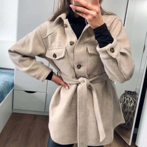 Street-Wave Beige Midi Button Front Coat Belt For Women Elegant Transitional Outerwear
