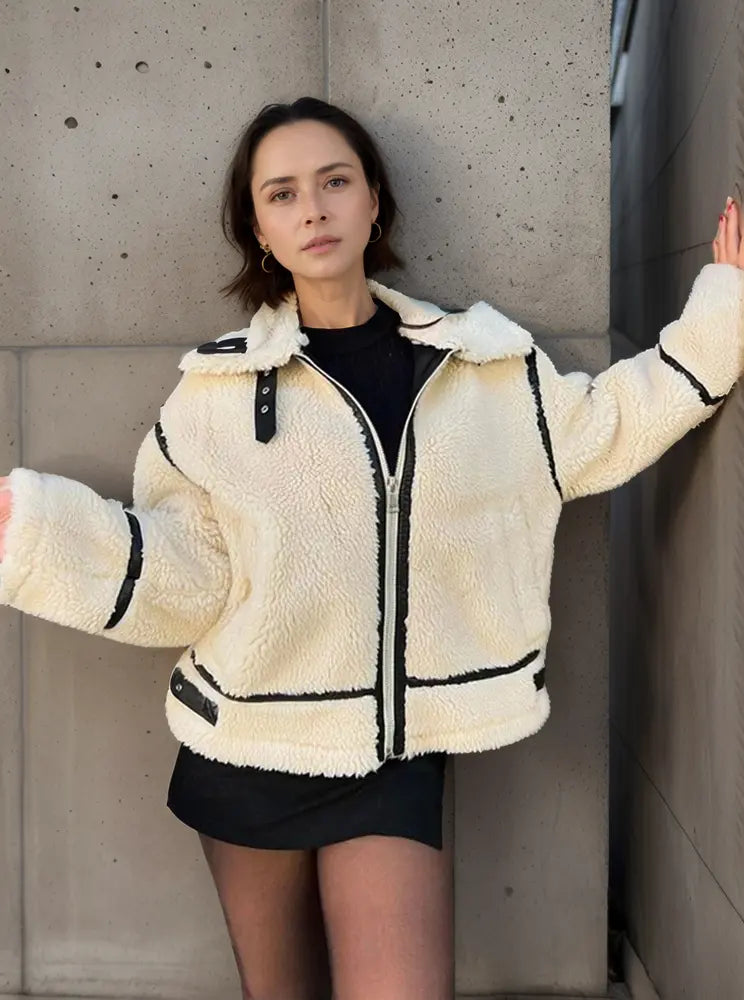 Street-wave Wool Winter Jacket With Plush Fur Collar, Color Block Design, Cozy Warmth For Women