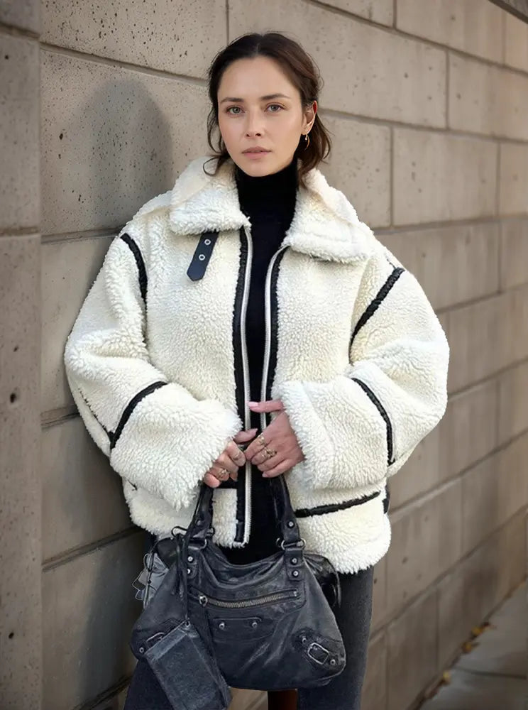 Street-wave Wool Winter Jacket With Plush Fur Collar, Color Block Design, Cozy Warmth For Women