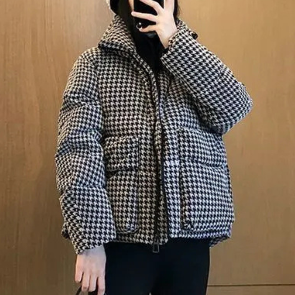 Street-wave Womens Houndstooth Puffer Coat Warm Insulated Winter Jacket For Women Chic Cozy Outerwear