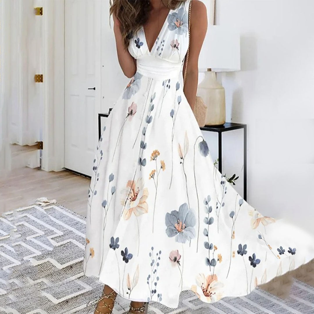 Ivy Women’s Sleeveless V Neck Maxi Dress Street Wave Floral Blue Formal