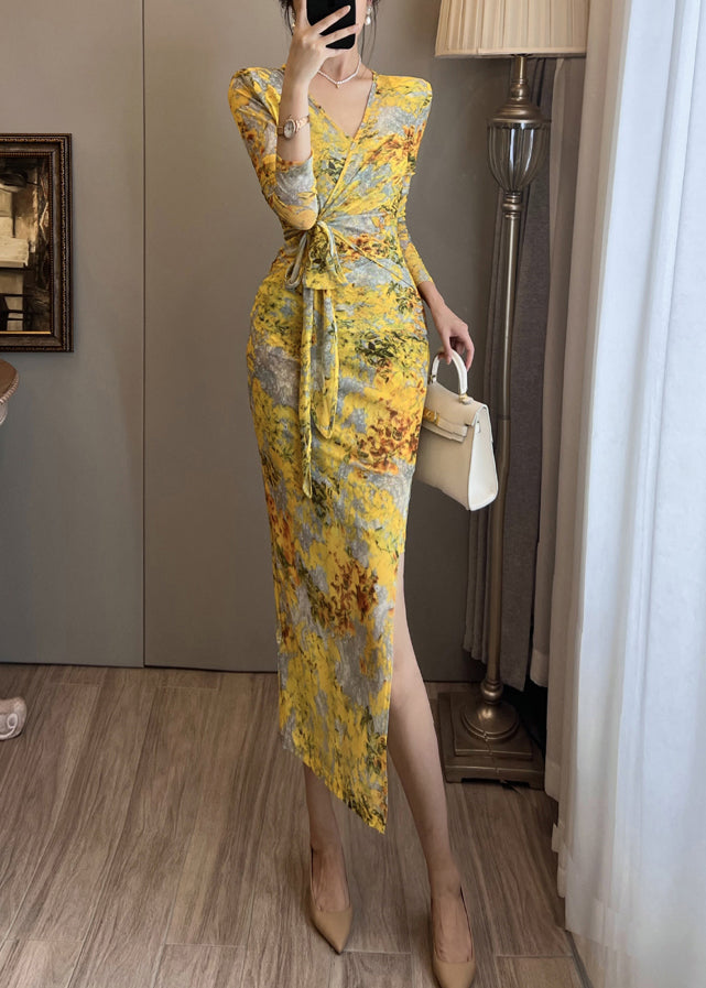 Robe de soirée en tulle imprimé jaune, ouverture latérale, été - Street-Wave