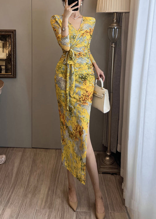 Robe de soirée en tulle imprimé jaune, ouverture latérale, été - Street-Wave