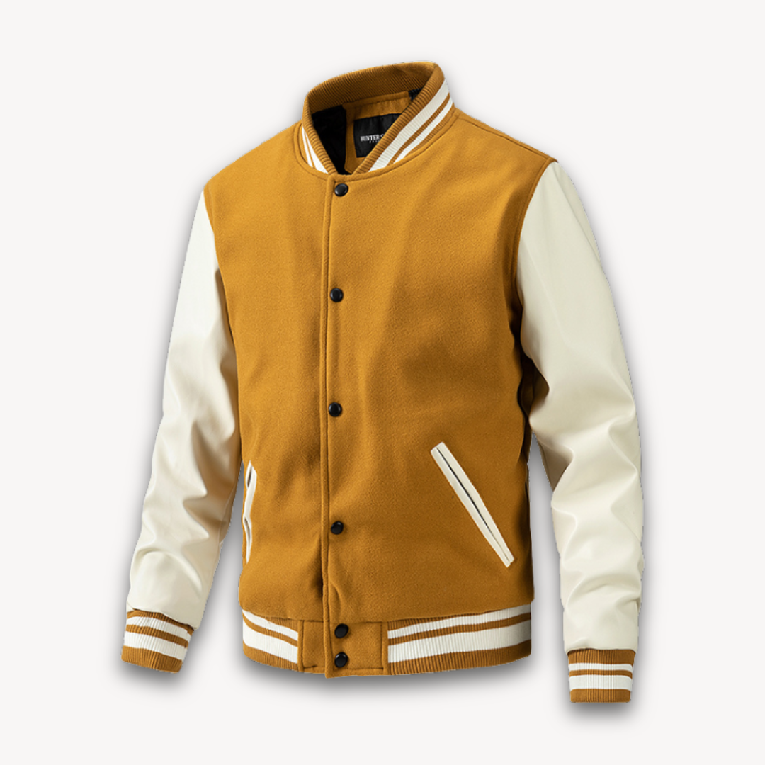 Men's Varsity Jacket Classic Fit With Wool Look Body And Leather Look Sleeves Snap Button Closure