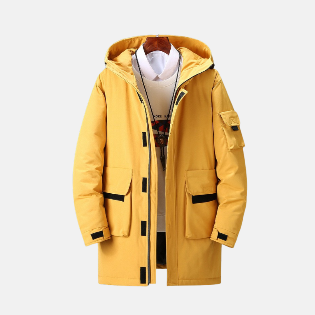Men's Hooded Winter Coat In Woven Fabric Mid Thigh Length Adjustable Cuffs For Winter Style