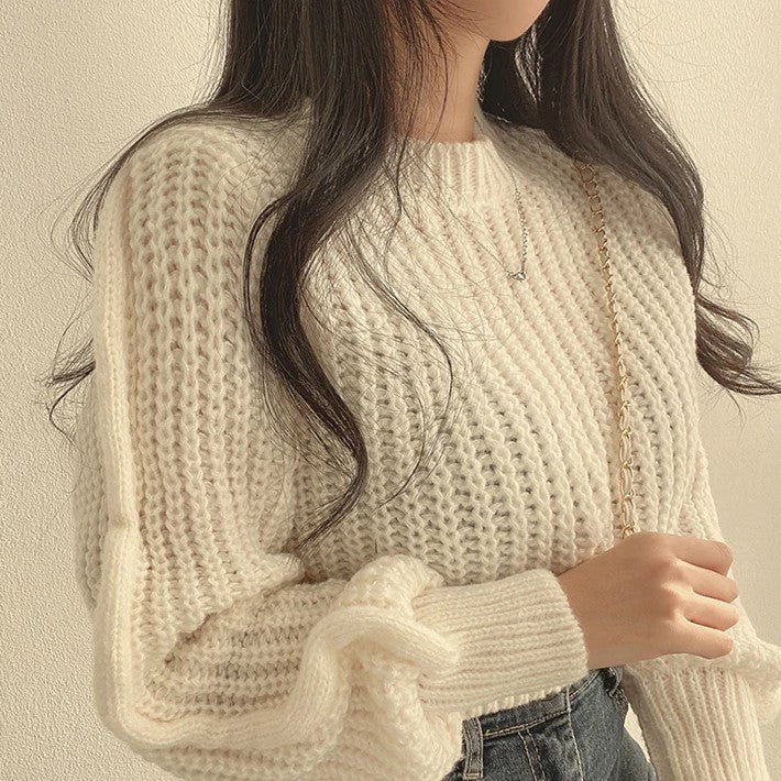 Street-wave Cozy Cropped Knit Sweater For Women With Long Sleeves Soft Chunky Knit Top Trendy Everyday Wear
