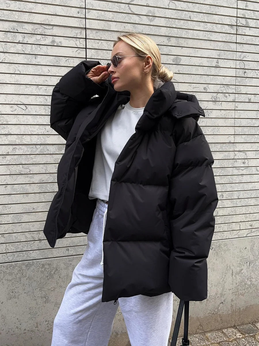 Street-Wave Womens Hooded Down Jacket Short Puffer Warm Urban Winter Coat Lightweight Chic