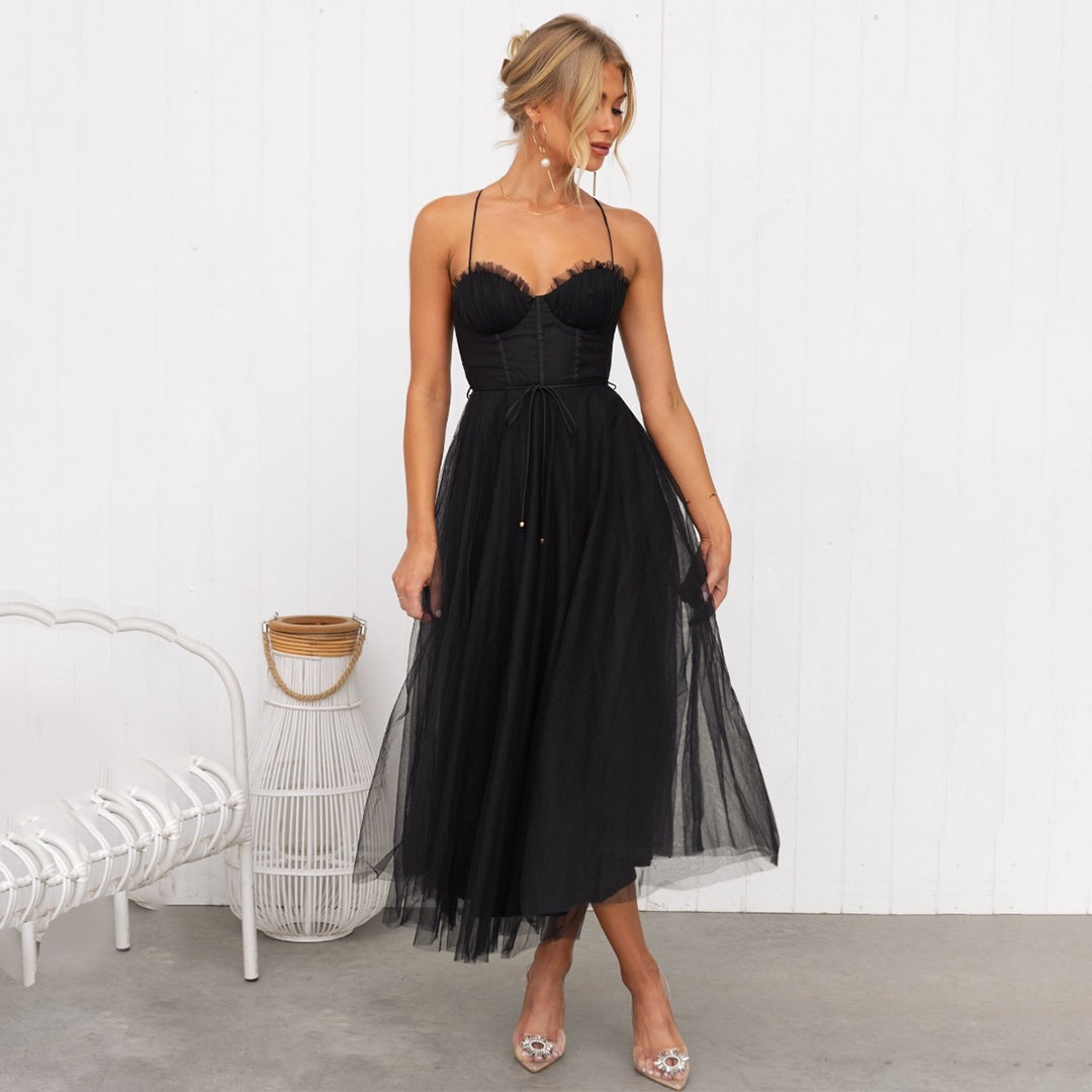 Midi Dress For Women Street Wave Strapless Sweetheart Layered Tulle