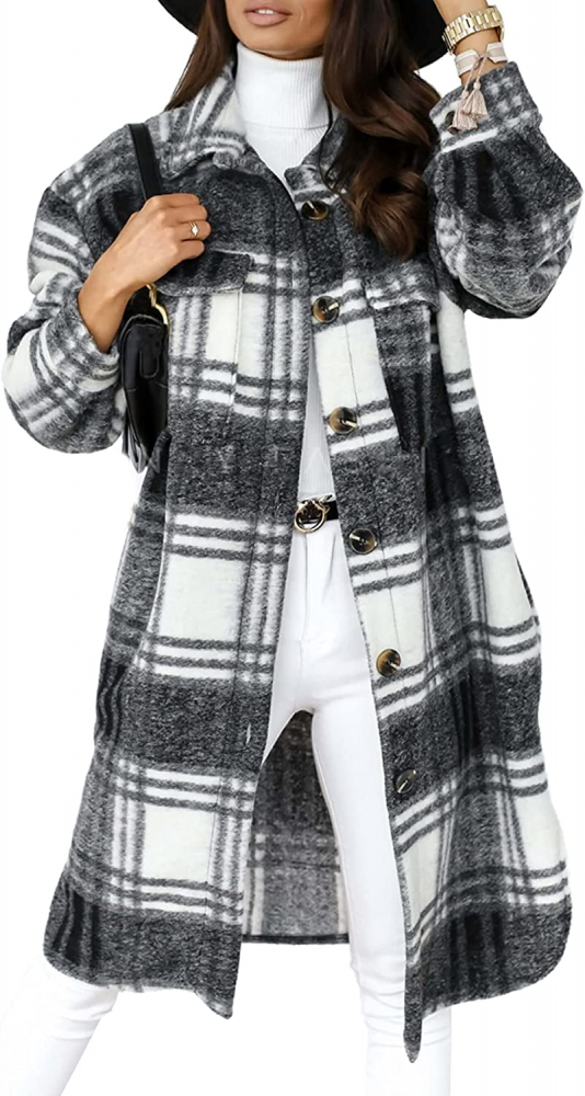 Street-wave Plaid Wool Coat For Women Cozy Transitional Outerwear With Button Front And Pockets