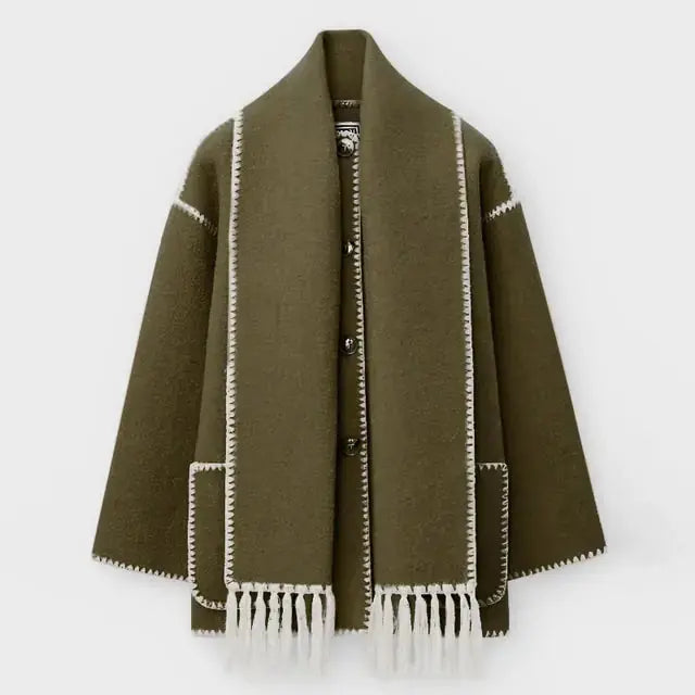 Street-wave Black Coat With Contrast Stitching Fringe And Relaxed Fit For Trendsetting Women