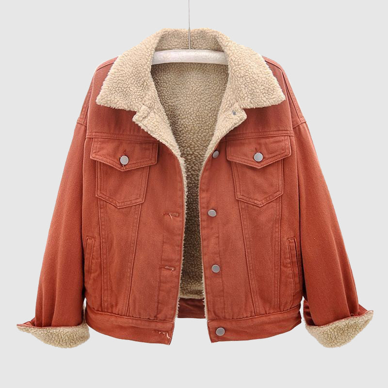 Street-wave Velvet Denim Jacket for Women With Cozy Faux Shearling Lining in Purple