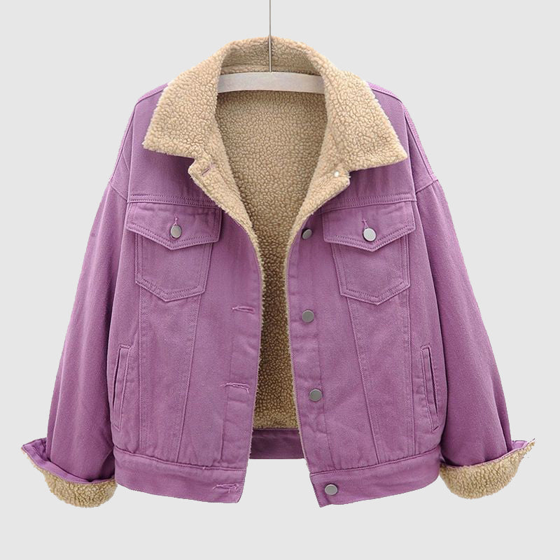 Street-wave Velvet Denim Jacket for Women With Cozy Faux Shearling Lining in Purple