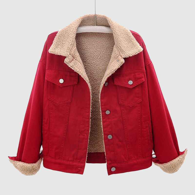 Street-wave Velvet Denim Jacket for Women With Cozy Faux Shearling Lining in Purple