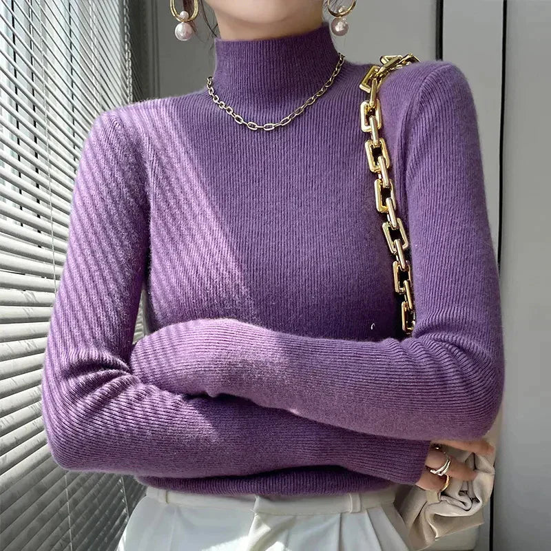 Street-Wave Knit Pullover With Half Mock Neck, Long Sleeves For Women, Soft Breathable Warmth