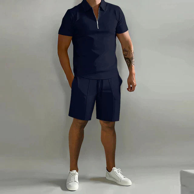 Street-Wave Mens Slim Fit Polo Set With Zip Front Drawstring Shorts