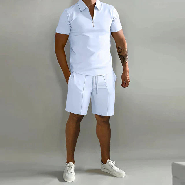 Street-Wave Mens Slim Fit Polo Set With Zip Front Drawstring Shorts