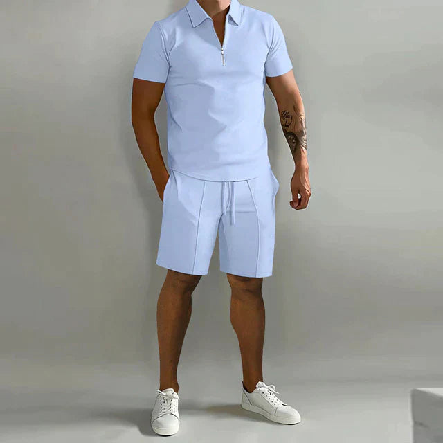 Street-Wave Mens Slim Fit Polo Set With Zip Front Drawstring Shorts