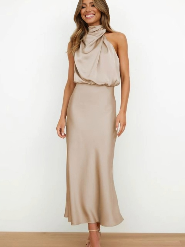 Women's Halter Evening Dress with A-Line Silhouette and Back Tie