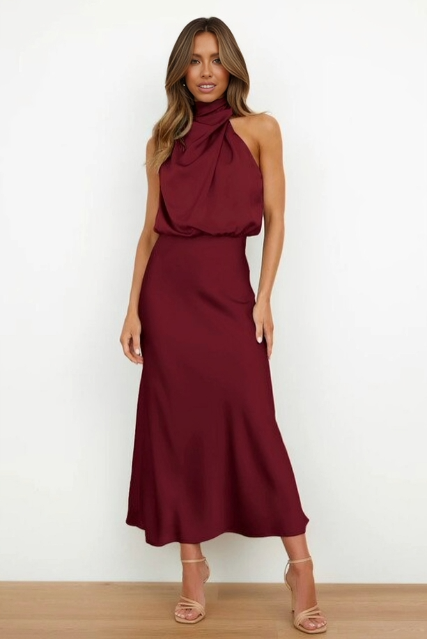 Women's Halter Evening Dress with A-Line Silhouette and Adjustable Neckline