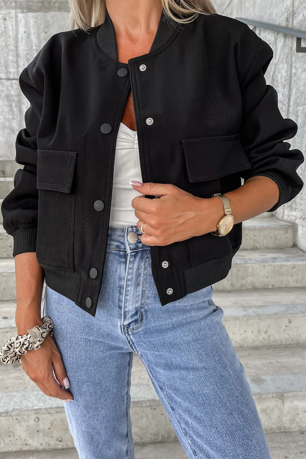 Street-Wave Bomber Jacket With Pockets Polyester Blend Classic Timeless Style for Everyday Wear