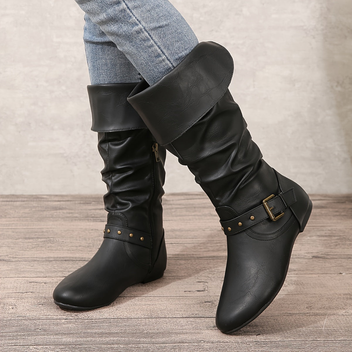 Women's Knee-High Boots with Side Zip and Sturdy Sole
